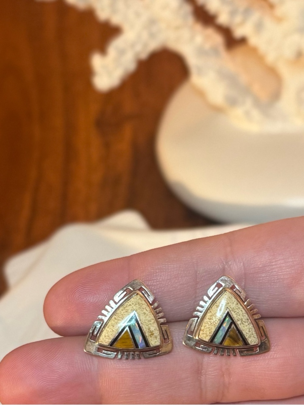 Native American Sterling VTG Inlay Earrings - Picture 10 of 16